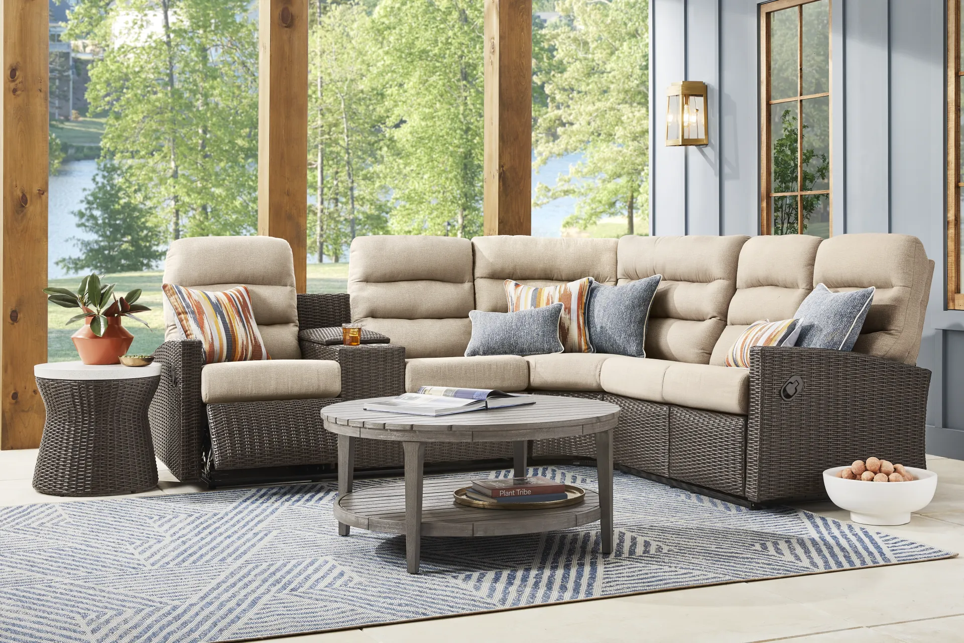 Ria Espresso 3 Pc Outdoor Reclining Sectional with Beige Cushions - Image 1