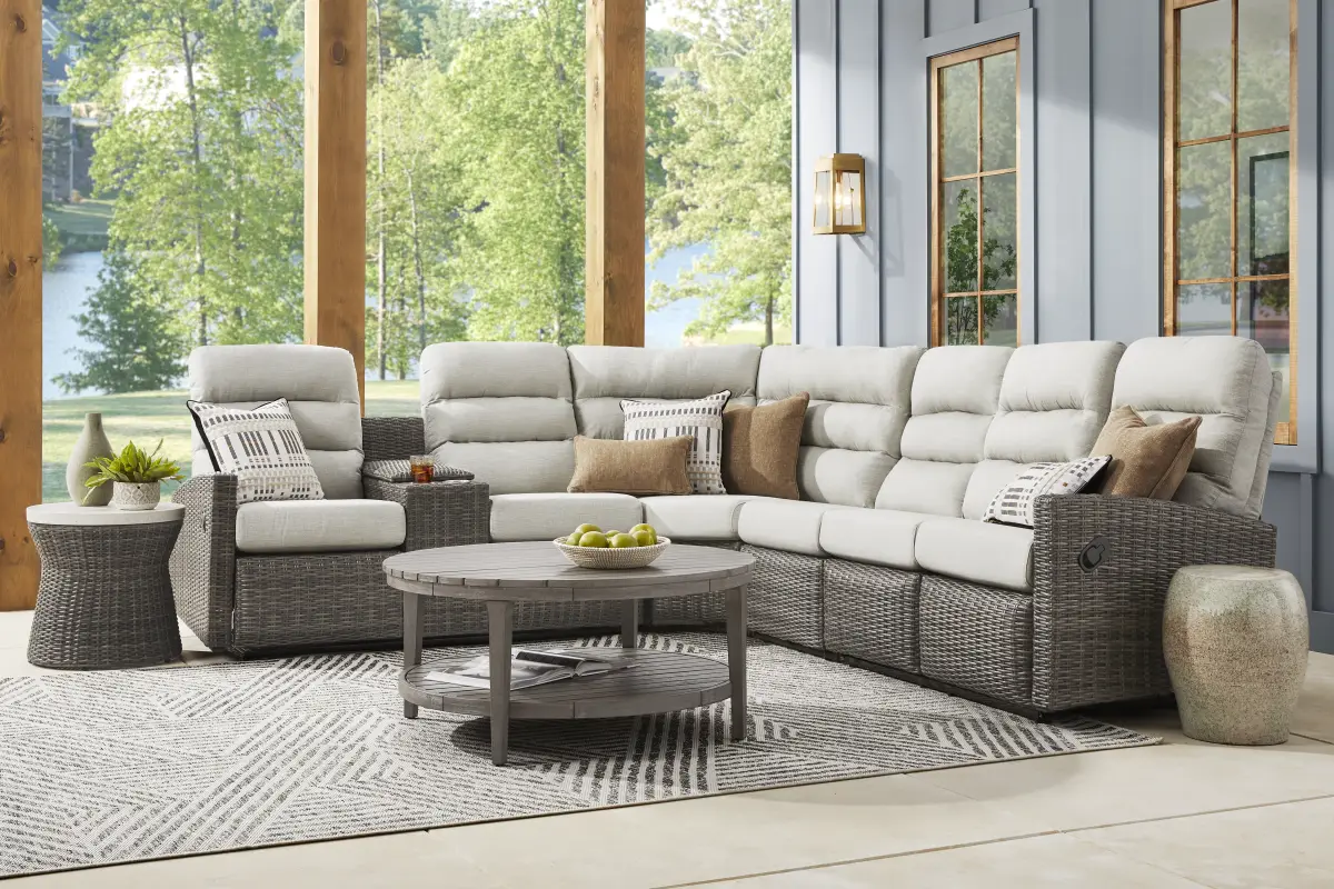 Ria Driftwood 4 Pc Outdoor Reclining Sectional with Gray Cushions