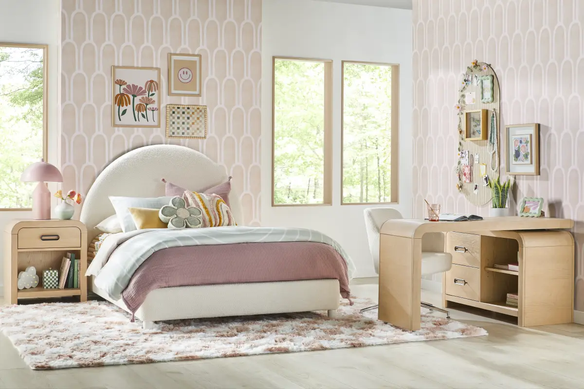 Kids Hidden Hills Light Oak Bedroom With Moonstone Natural Twin Upholstered Bed