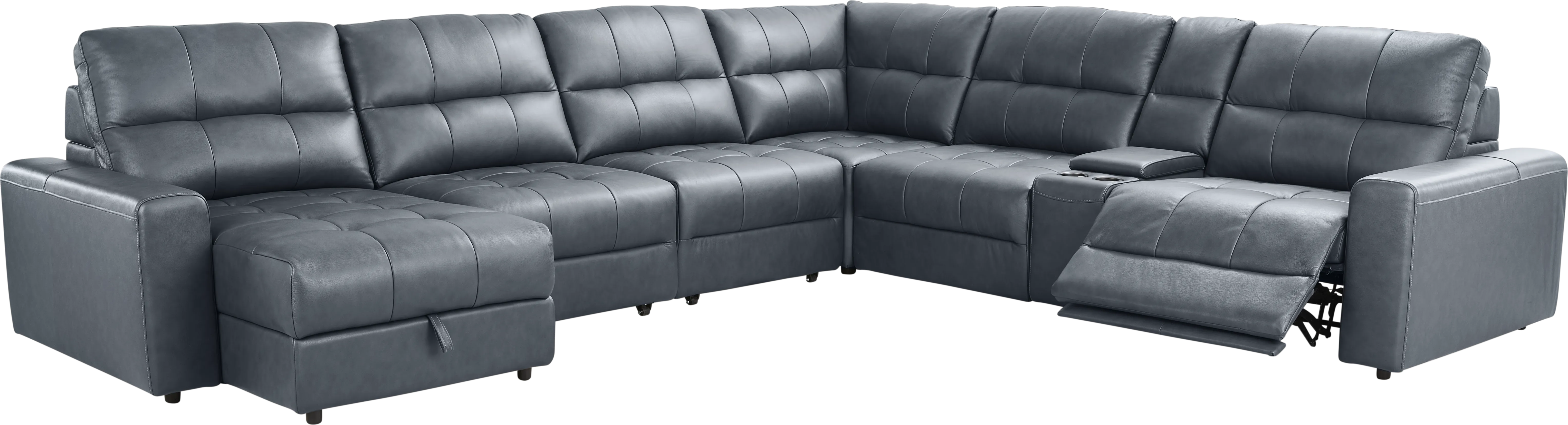 Meriwether Slate Blue Leather 7 Pc Power Slider Sectional - Thumbnail - Image 1