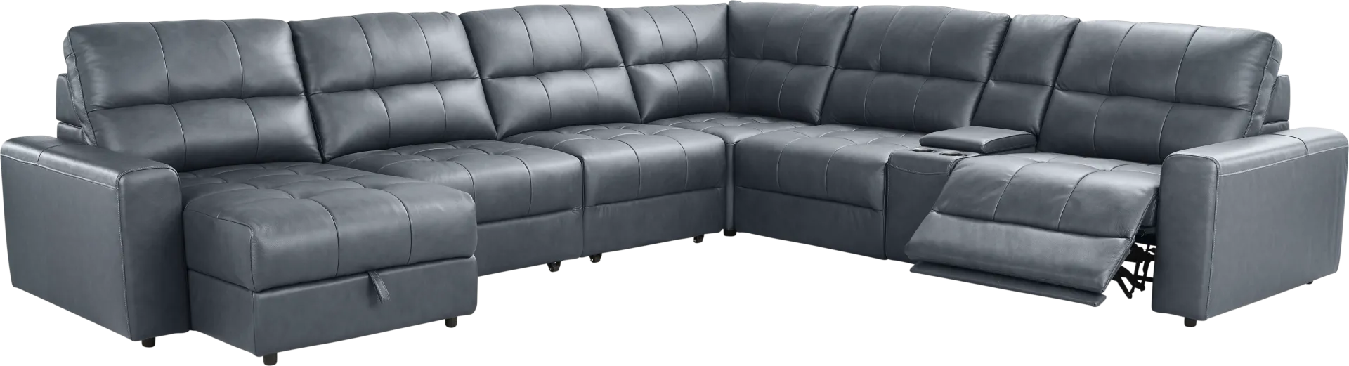 Meriwether Slate Blue Leather 7 Pc Power Slider Sectional - Image 1