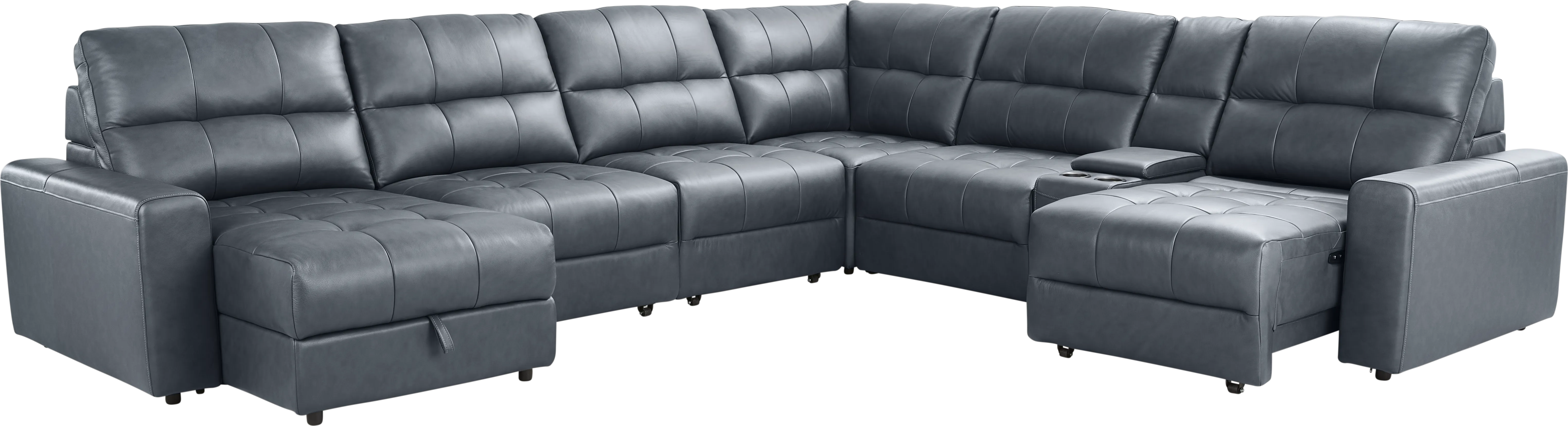 Meriwether Slate Blue Leather 7 Pc Power Slider Sectional - Thumbnail - Image 1