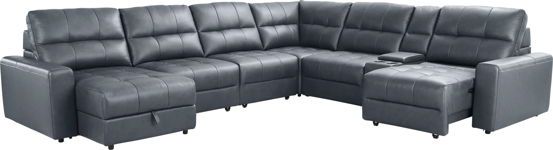 Meriwether Slate Blue Leather 7 Pc Power Slider Sectional - Image 1