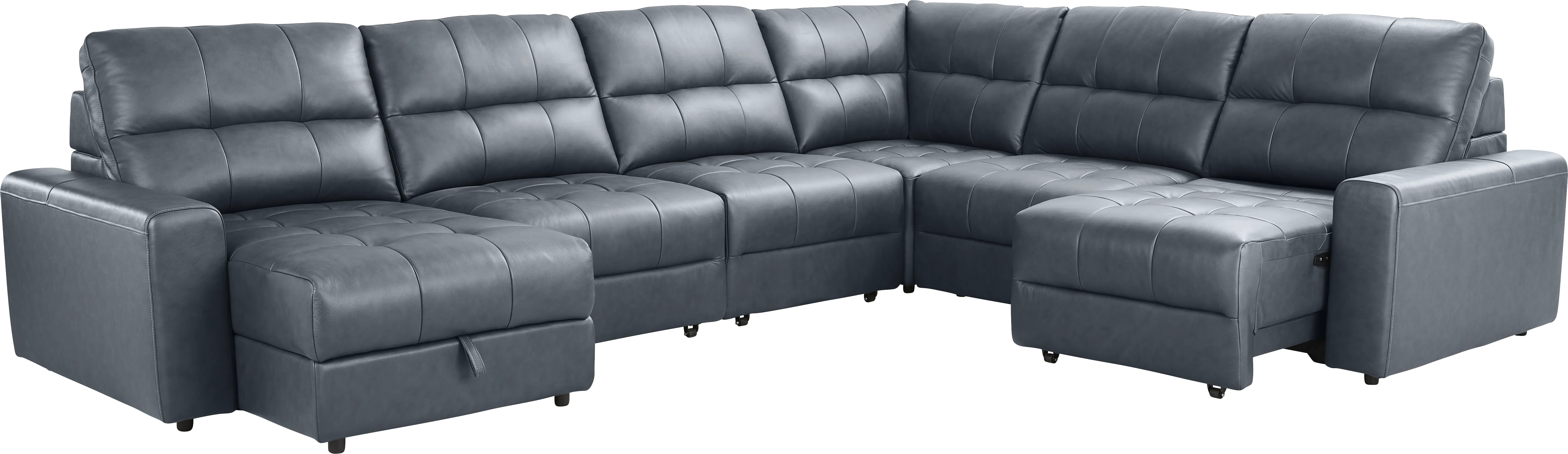 Meriwether Slate Blue Leather 6 Pc Power Slider Sectional - Thumbnail - Image 1