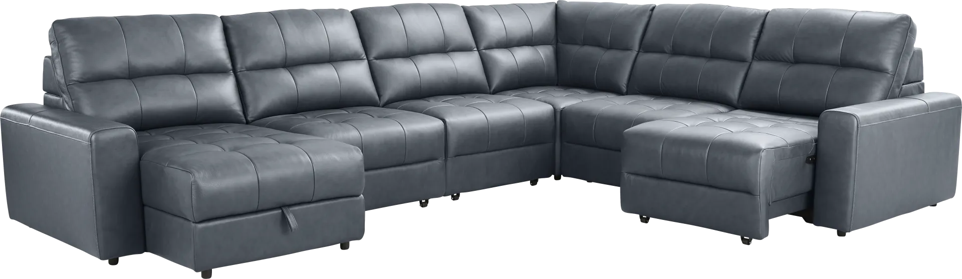 Meriwether Slate Blue Leather 6 Pc Power Slider Sectional - Image 1