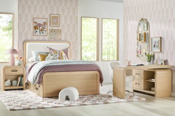 Kids Hidden Hills Light Oak Twin Upholstered Panel Bedroom
