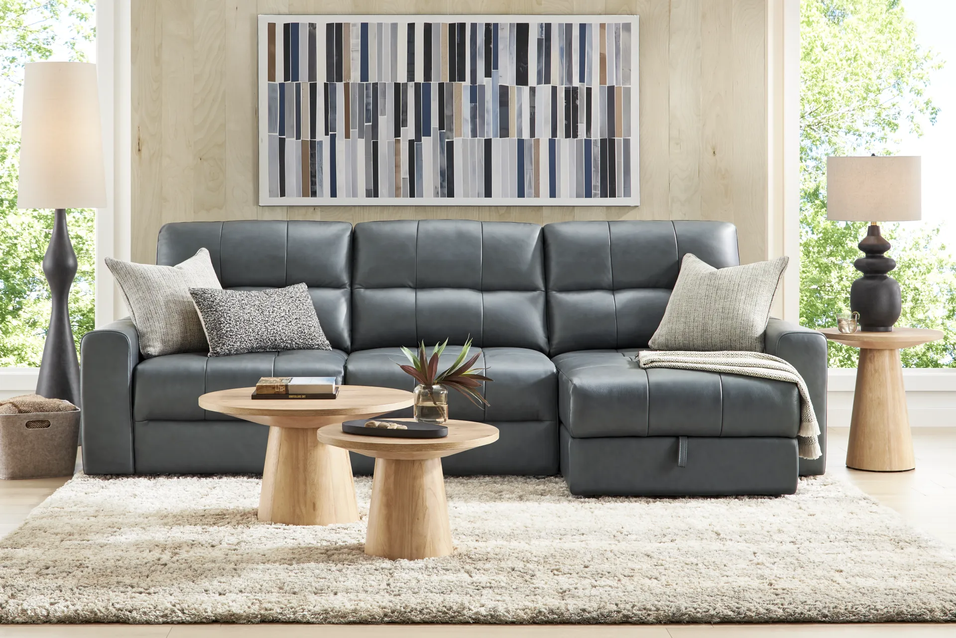 Meriwether Slate Blue Leather 3 Pc Power Slider Sectional - Image 1