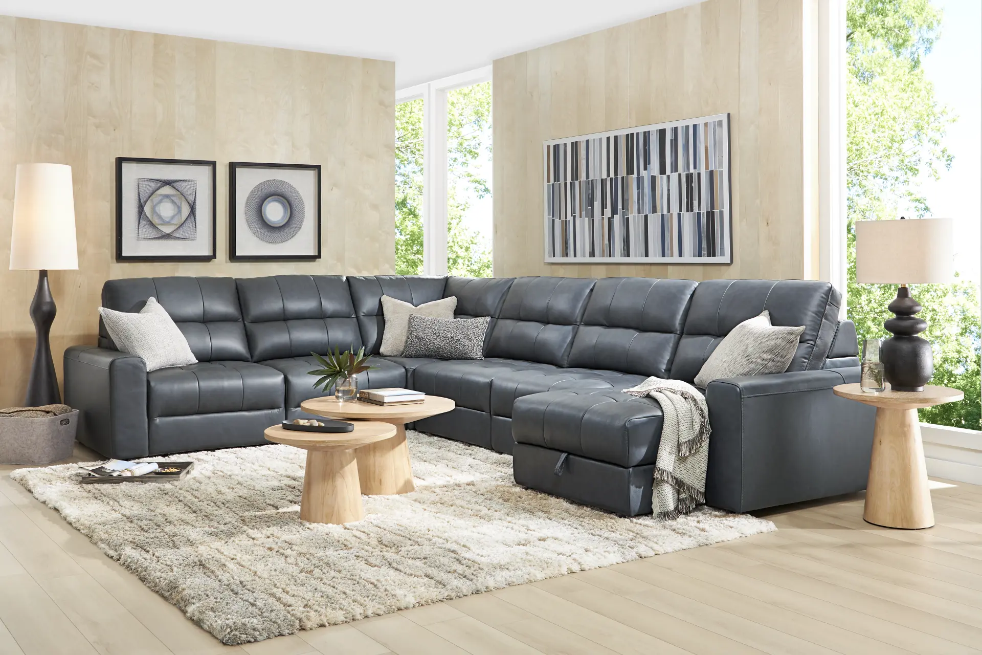 Meriwether Slate Blue Leather 6 Pc Power Slider Sectional