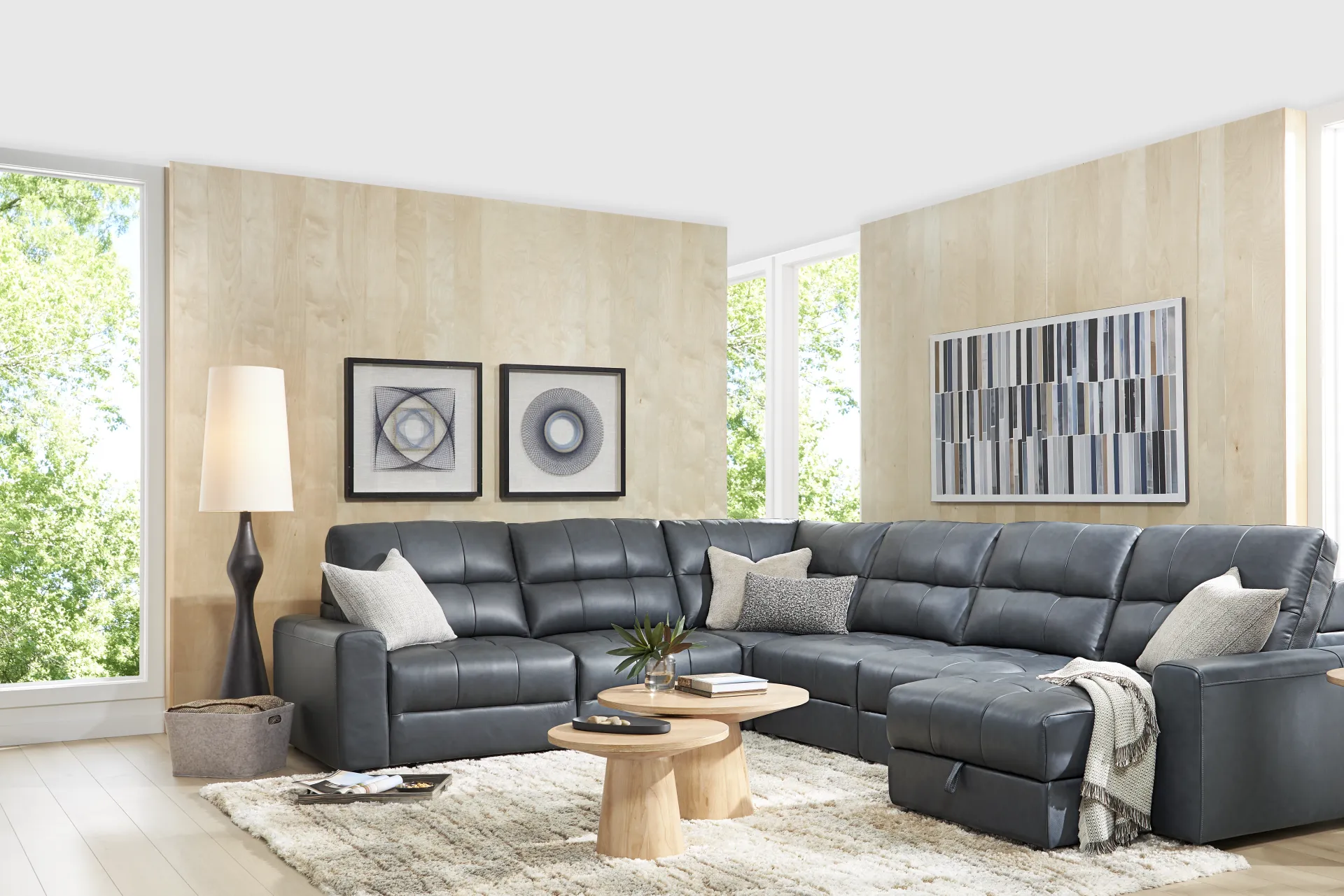 Meriwether Slate Blue Leather 6 Pc Power Slider Sectional - Image 2