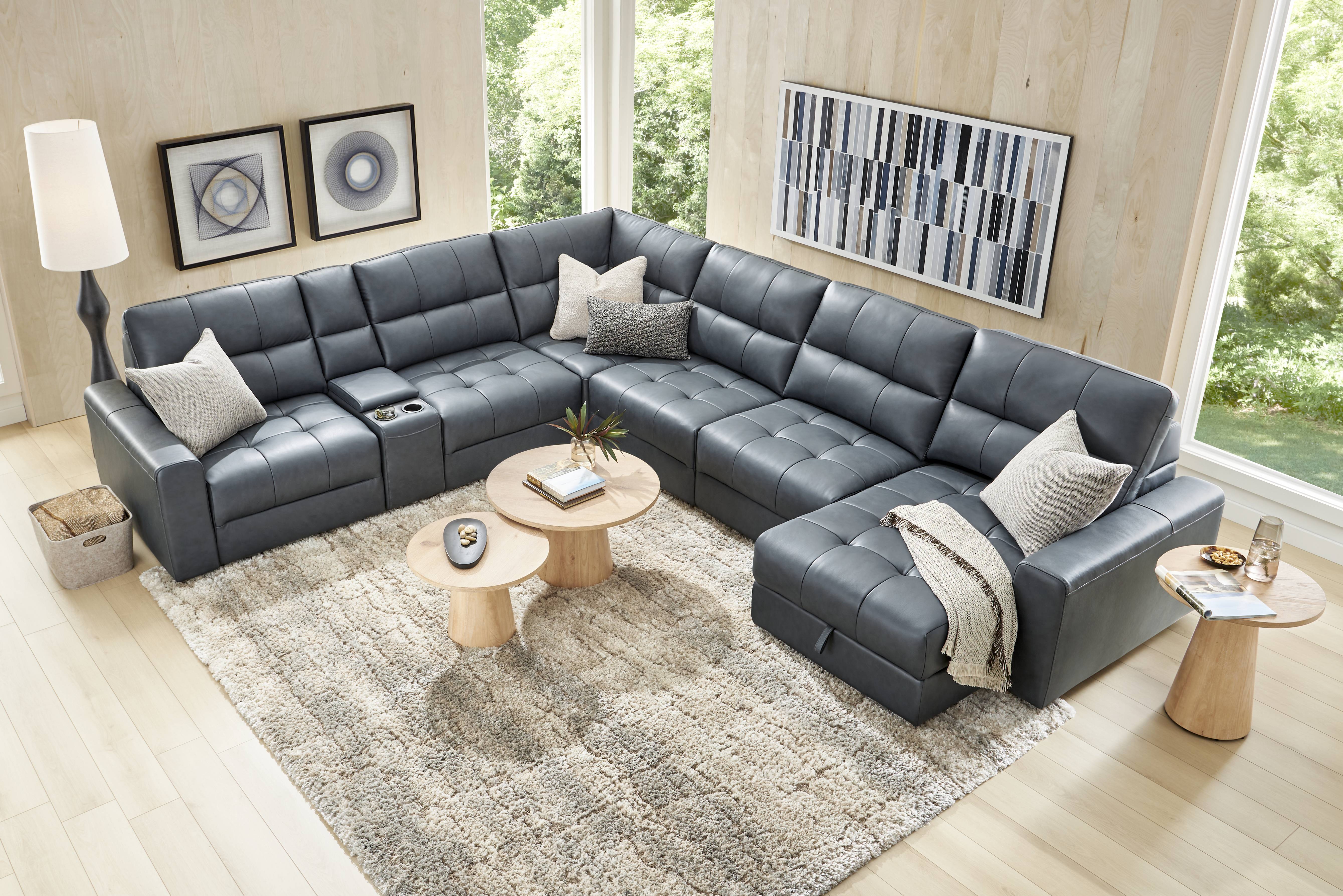 Meriwether Slate Blue Leather 7 Pc Power Slider Sectional - Thumbnail - Image 1