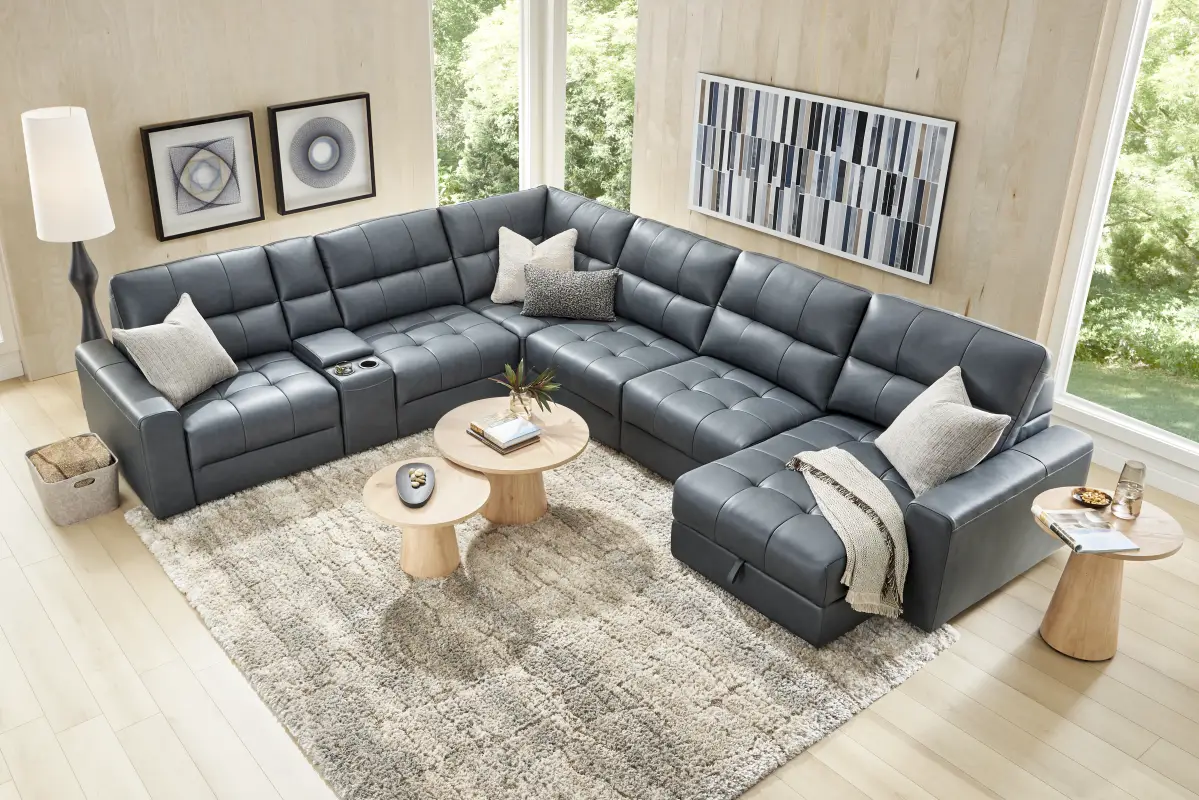 Meriwether Slate Blue Leather 7 Pc Power Slider Sectional