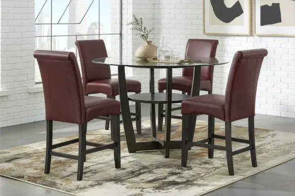 Ciara Espresso 5 Pc 54" Round Counter Height Dining Room with Burgundy Stools