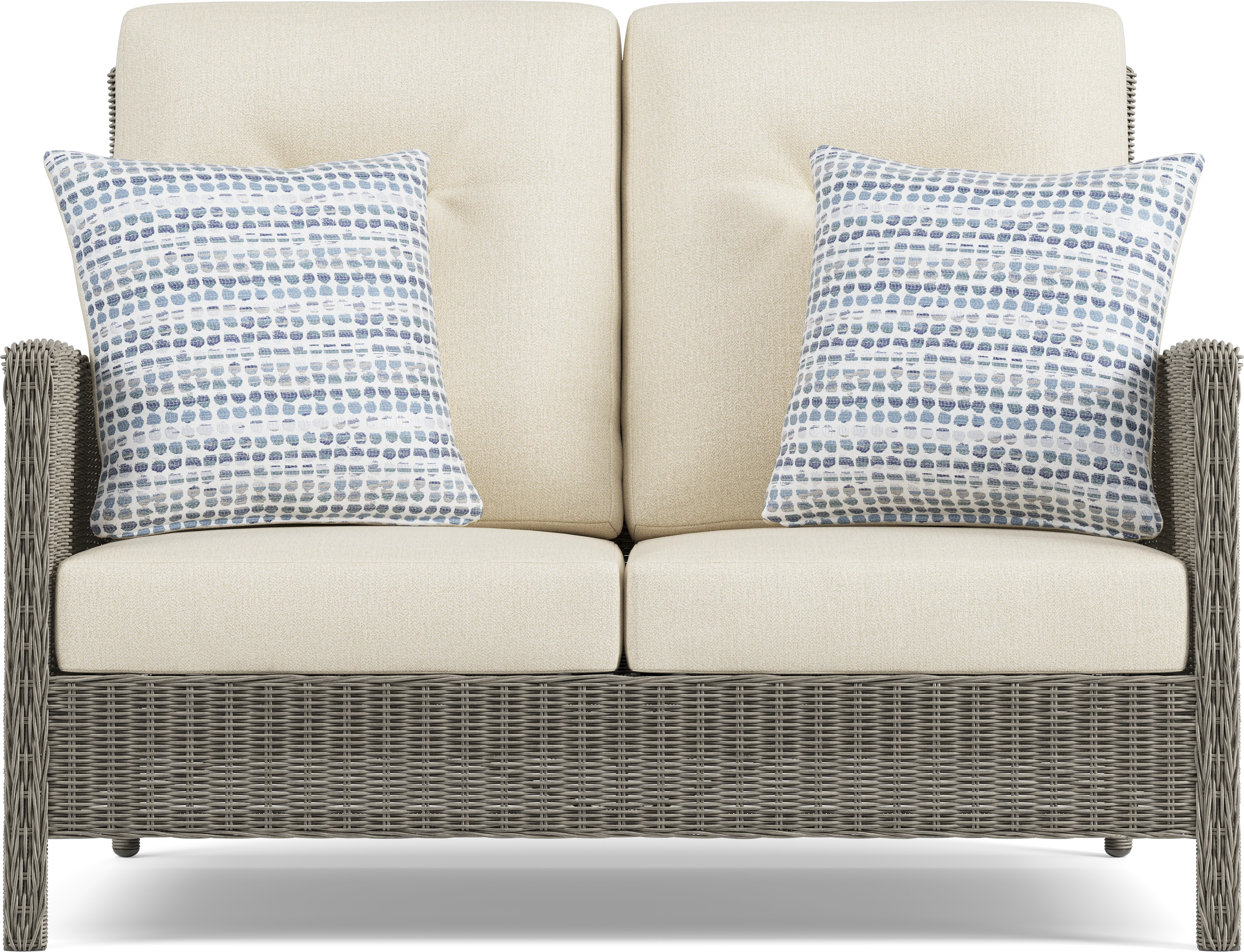Forest Hills Gray Outdoor Loveseat with Beige Cushions - Thumbnail - Image 1
