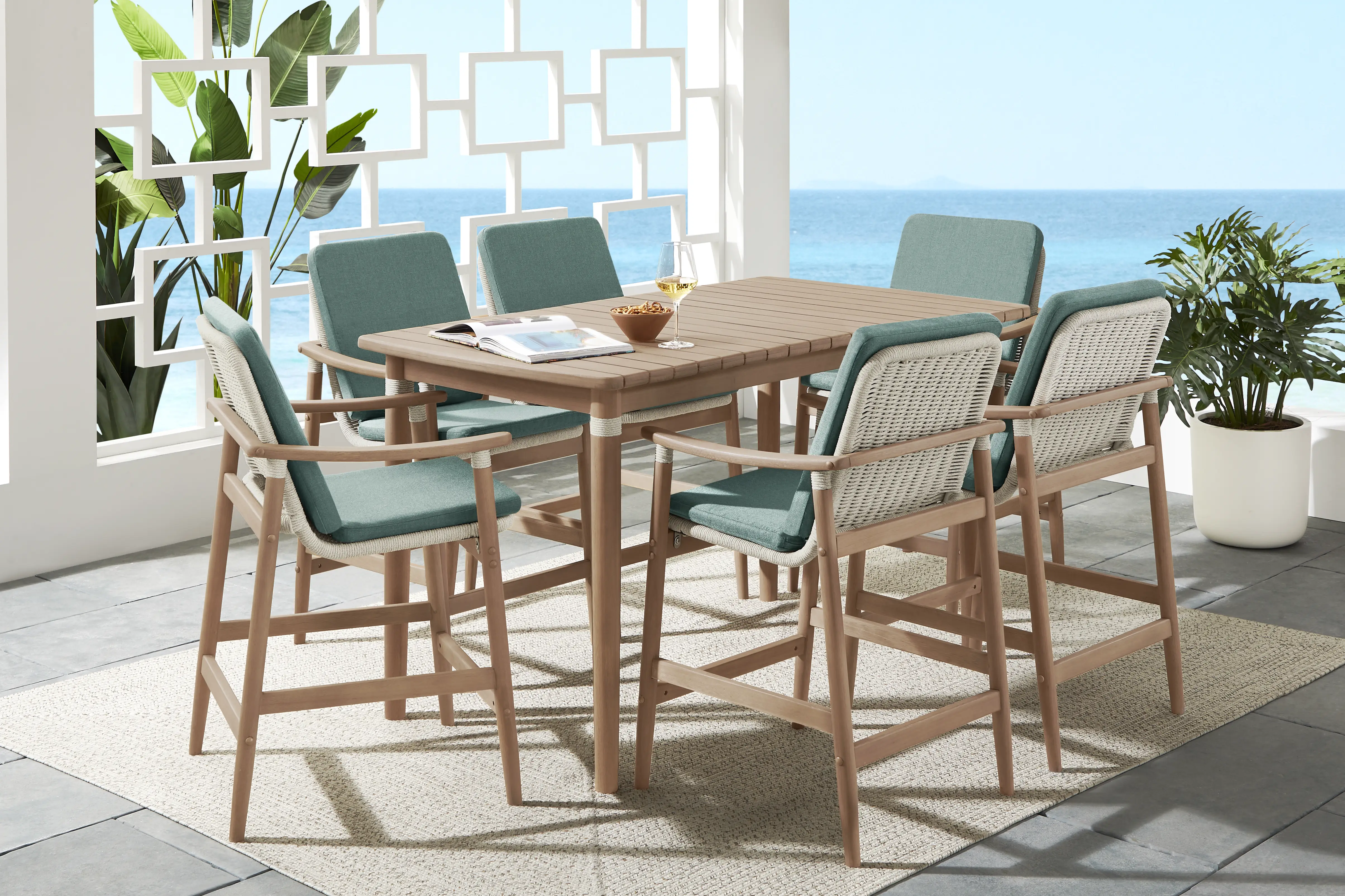 Raphina Gray 7 Pc Bar Height Outdoor Dining Set with Jungle Cushions - Thumbnail - Image 1