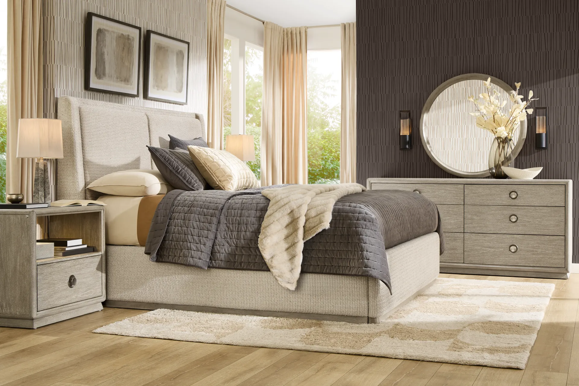 Santa Clarita Light Gray 7 Pc Queen Upholstered Bedroom - Image 1