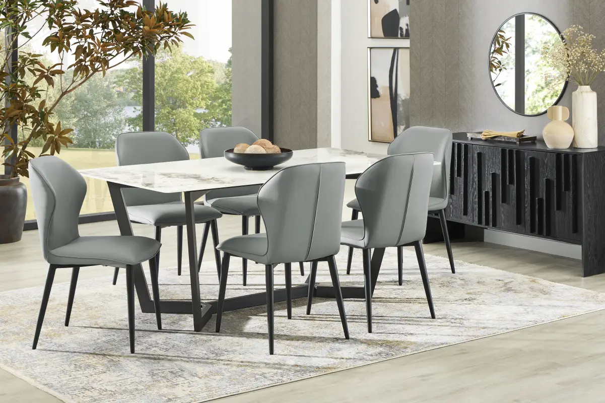 Allici White 5 Pc Dining Room with Charcoal Upholstered Chairs
