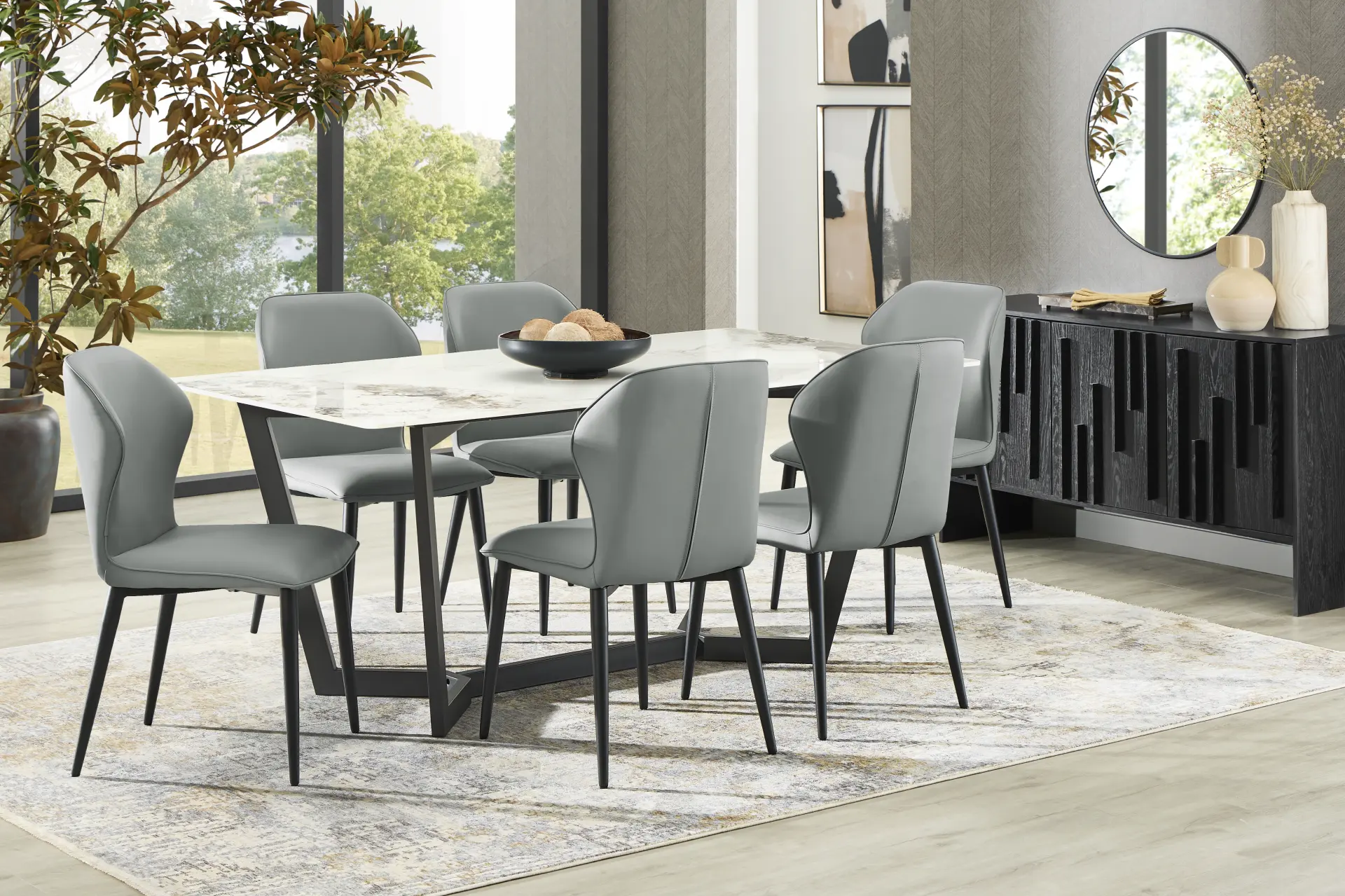 Allici White 5 Pc Dining Room with Charcoal Upholstered Chairs