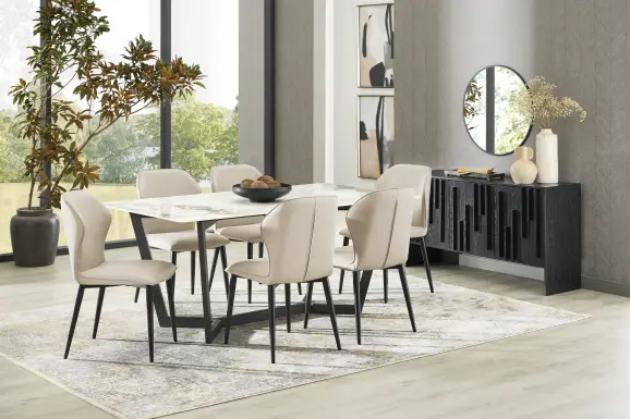 Allici White 5 Pc Dining Room with Beige Upholstered Chairs