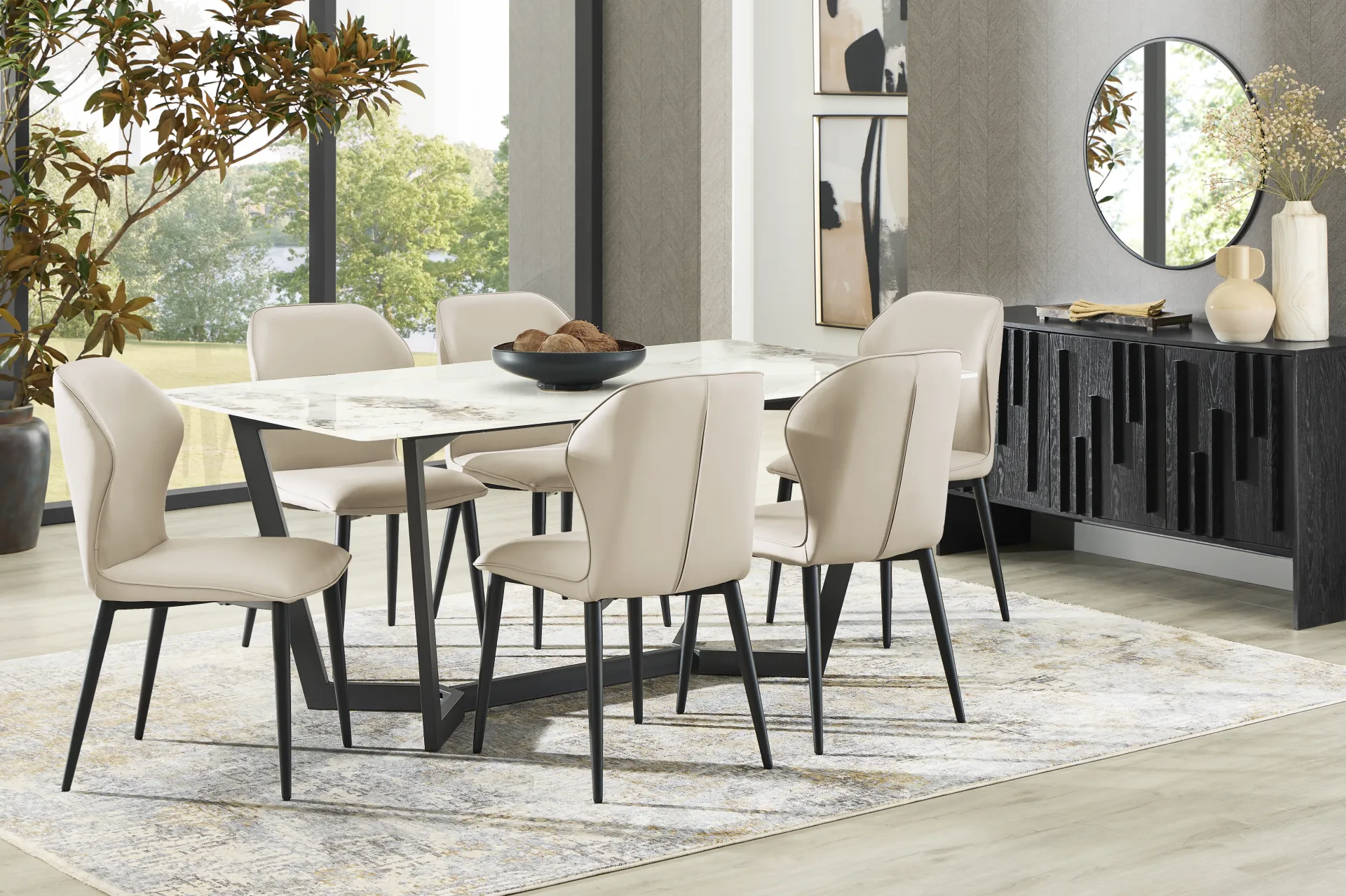 Allici White 5 Pc Dining Room with Beige Upholstered Chairs - Image 1