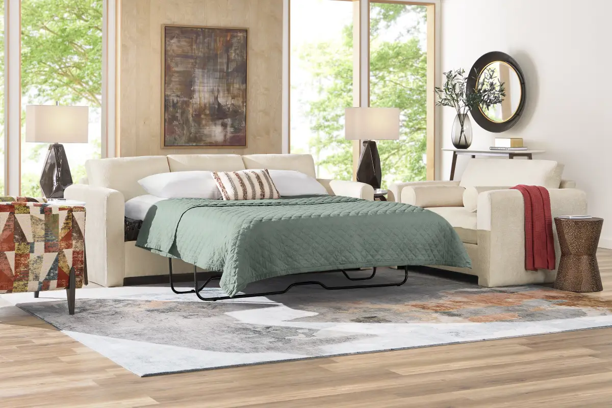 Avara 7 Pc Ivory Beige Chenille Fabric Sleeper Living Room Set With ...