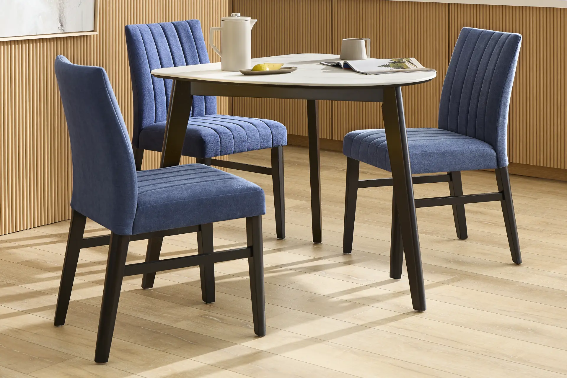 Javis White 4 Pc Half Oval Dining Room with Blue Side Chairs