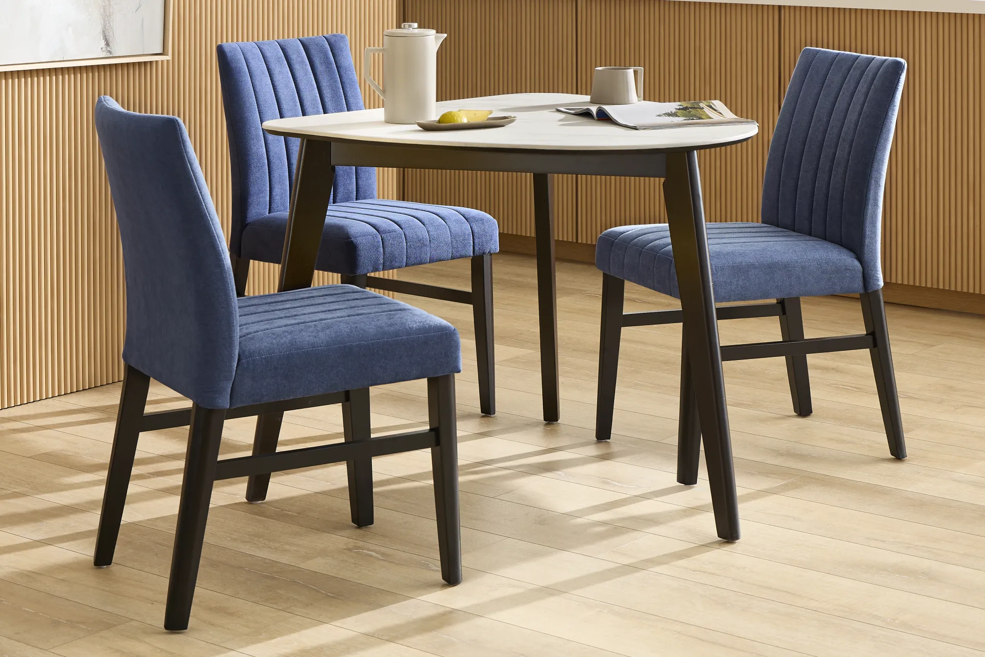 Javis White 4 Pc Half Oval Dining Room with Blue Side Chairs - Image 1