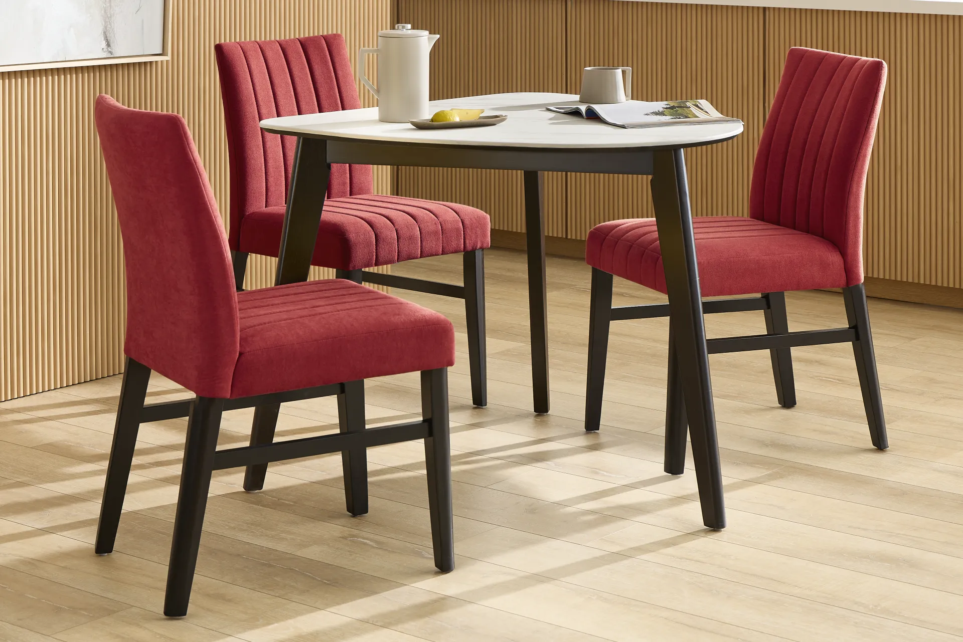 Javis White 4 Pc Half Oval Dining Room with Red Side Chairs - Image 1