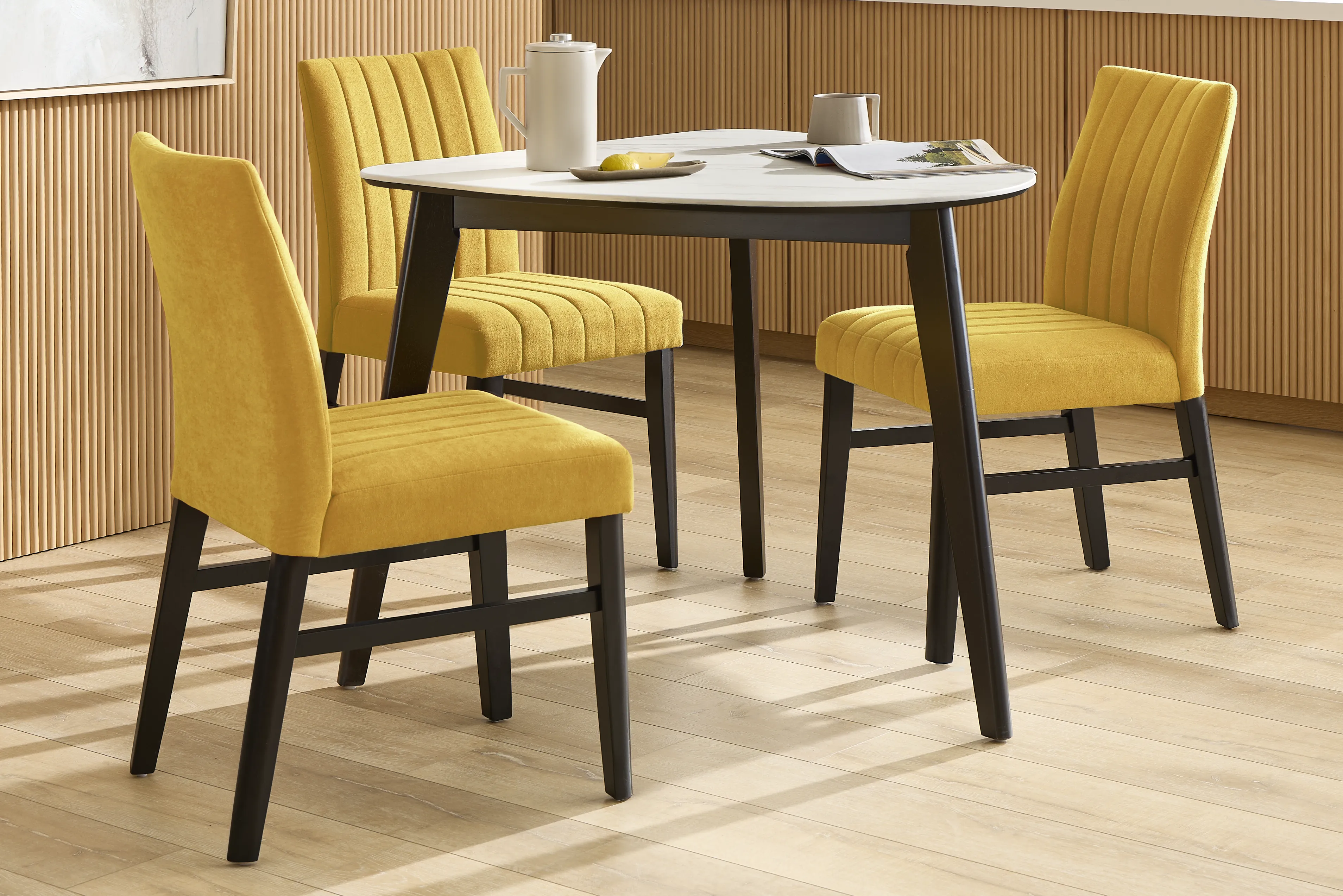 Javis White 4 Pc Half Oval Dining Room with Yellow Side Chairs - Thumbnail - Image 1