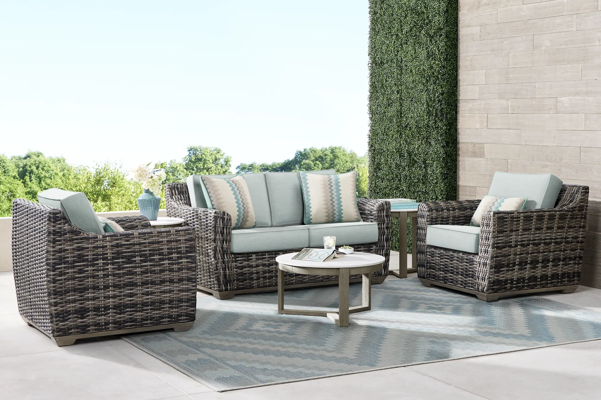 Montecello Gray 4 Pc Outdoor Loveseat Seating Set with Mist Cushions - Image 1