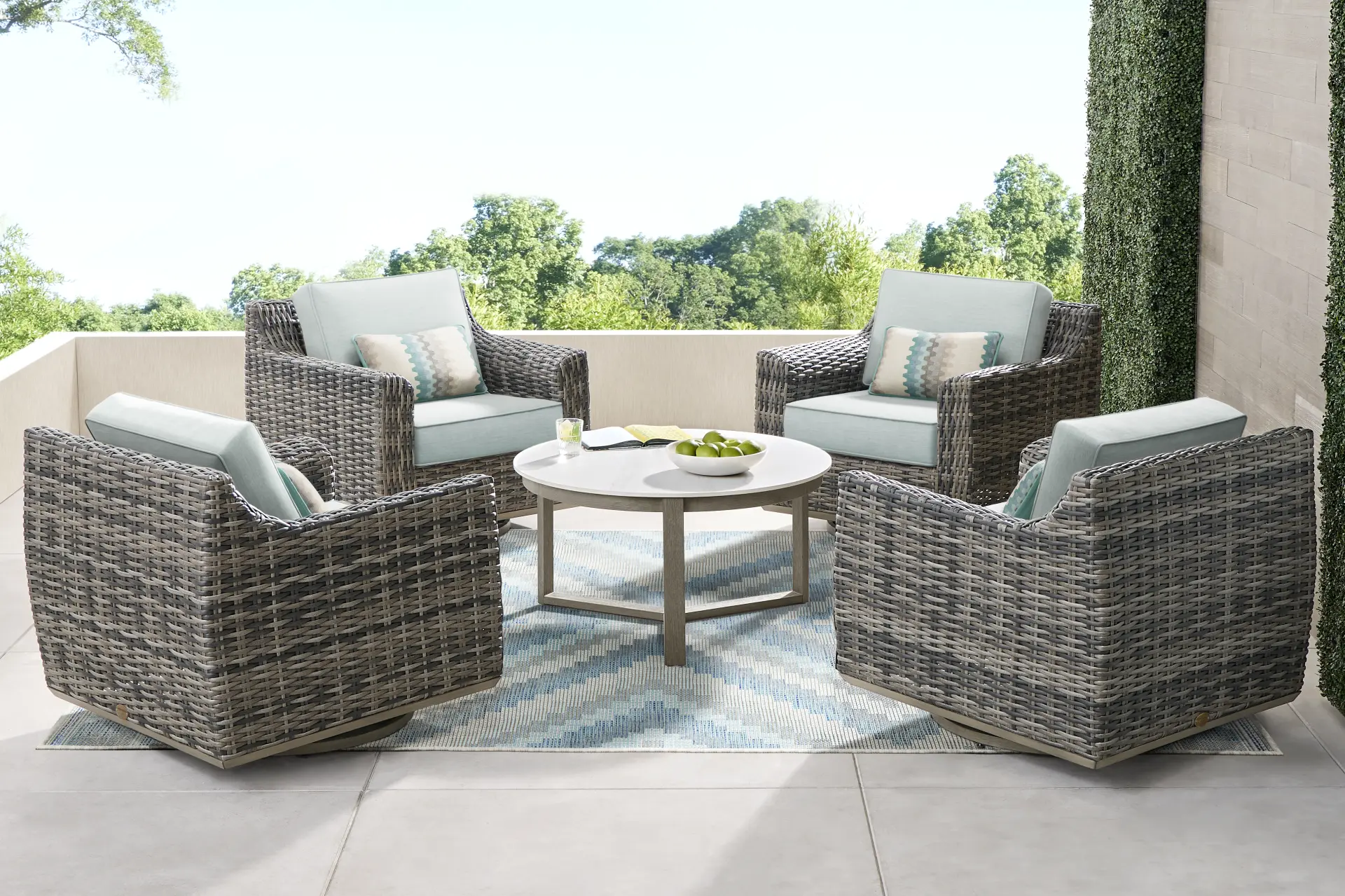 Montecello Gray 5 Pc Outdoor Swivel Chat Set with Mist Cushions