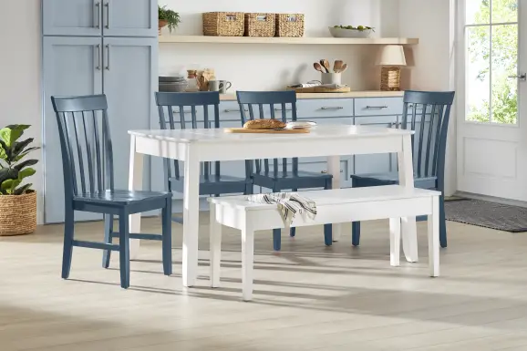 Concord White 6 Pc Storage Dining Room with Blue Slat Back Chairs