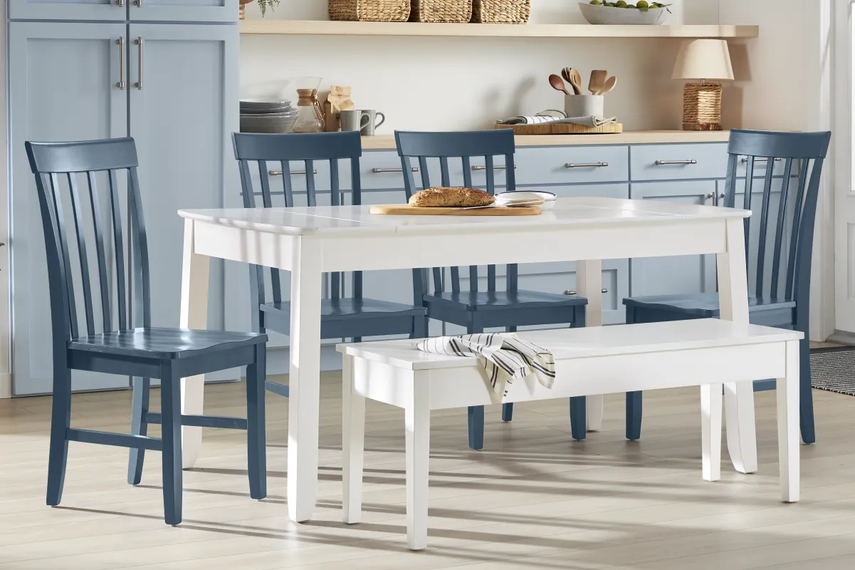 Concord White 6 Pc Storage Dining Room with Blue Slat Back Chairs