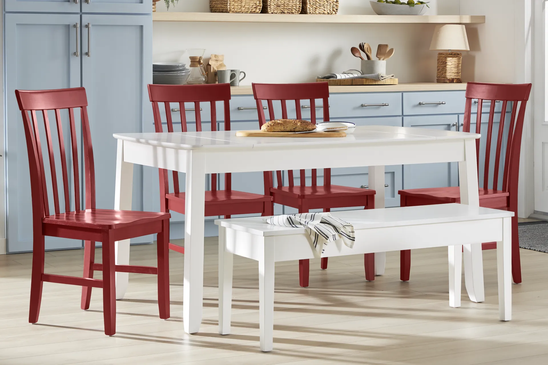 Concord White 6 Pc Storage Dining Room with Red Slat Back Chairs - Image 1
