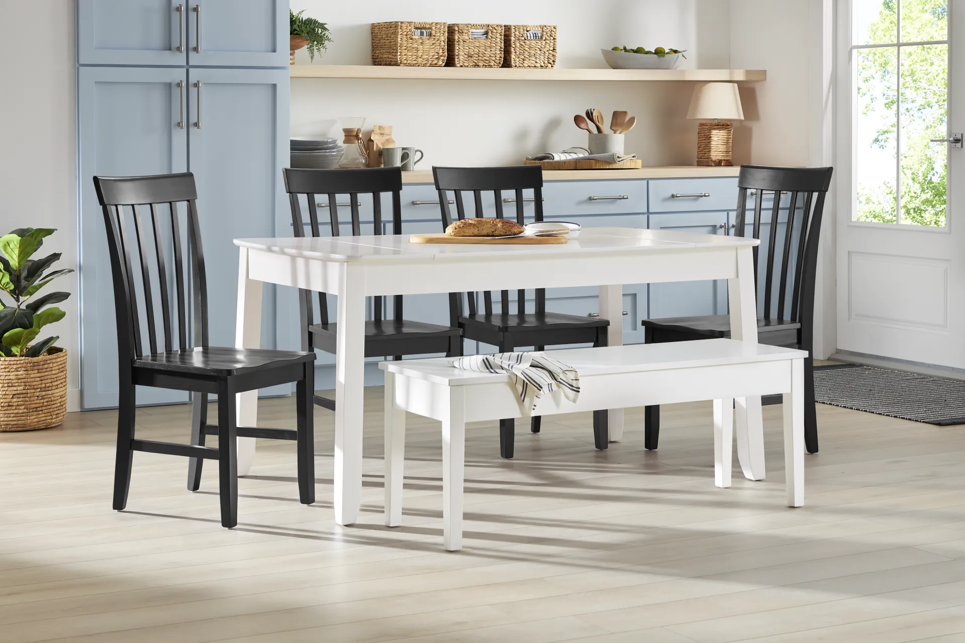 Concord White 6 Pc Storage Dining Room with Black Slat Back Chairs - Image 1