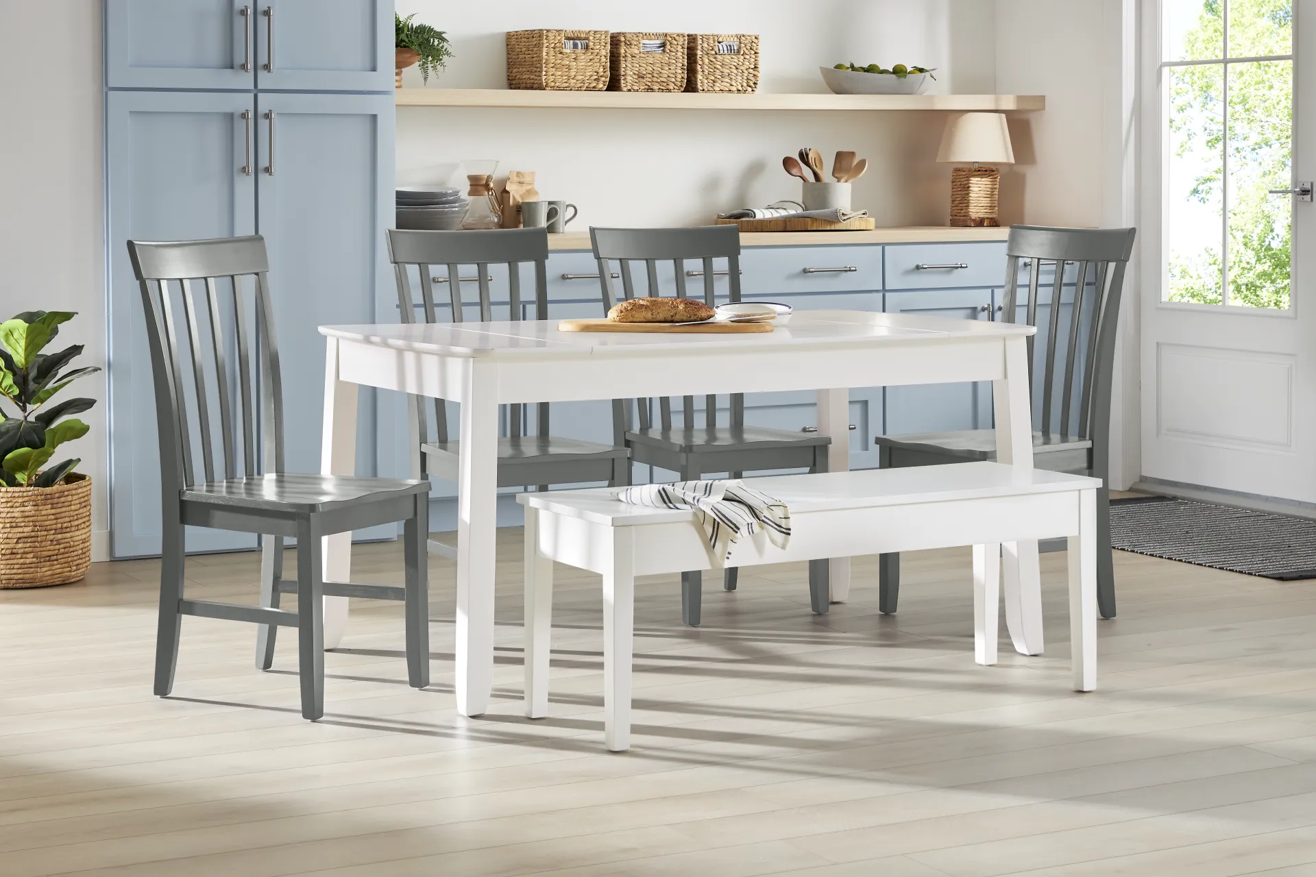 Concord White 6 Pc Storage Dining Room with Gray Slat Back Chairs - Image 1