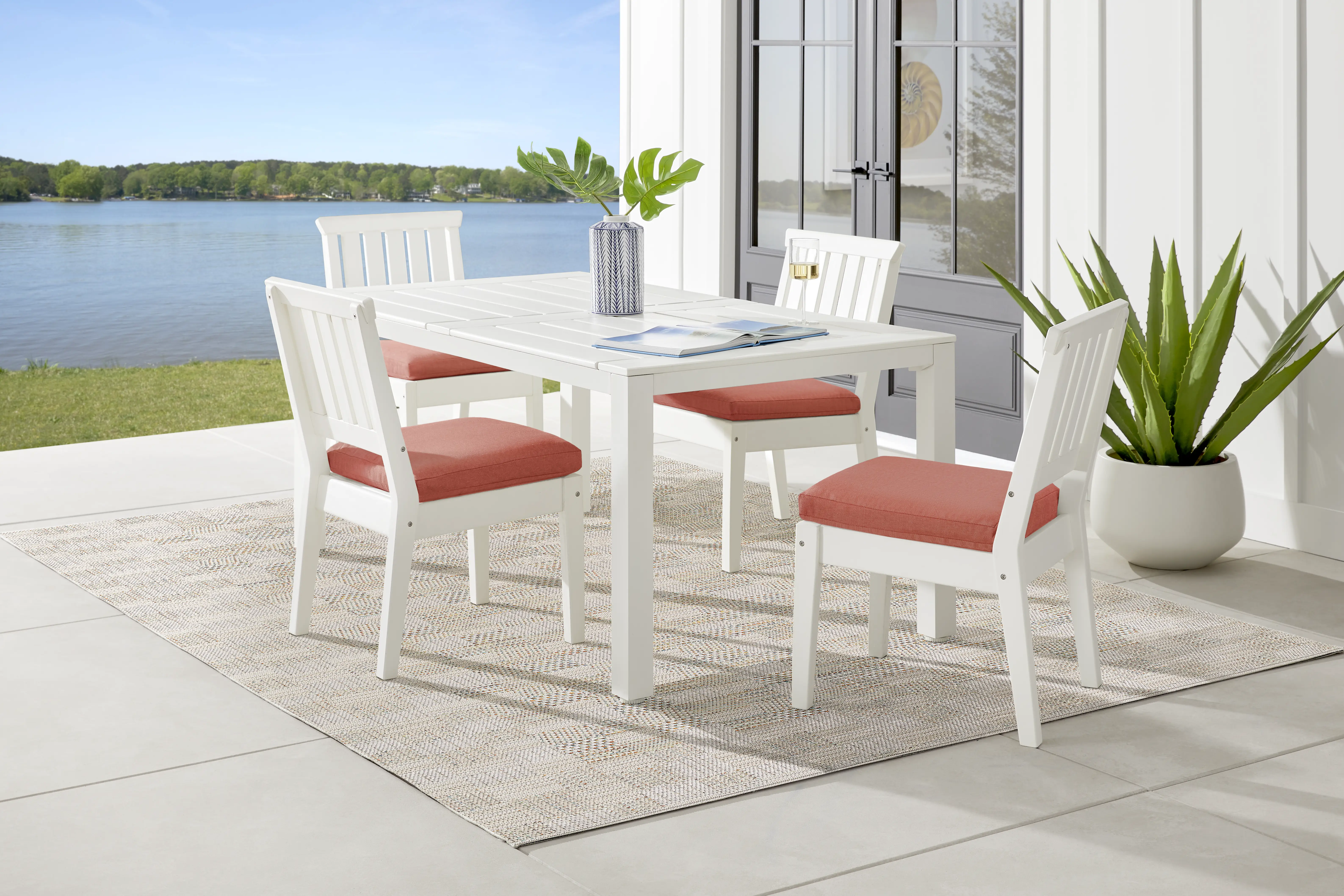 Eastlake White 5 Pc 71 in. Rectangle Outdoor Dining Set with Persimmon Cushions - Thumbnail - Image 1
