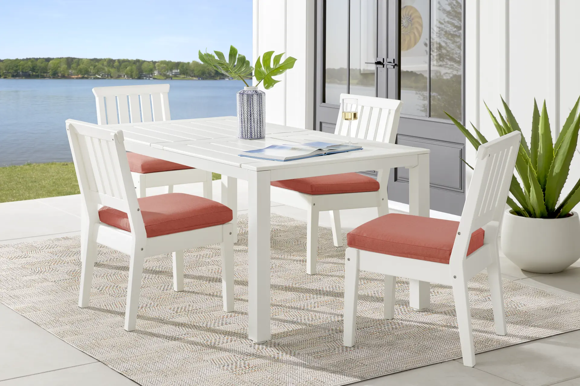 Eastlake White 5 Pc 71 in. Rectangle Outdoor Dining Set with Persimmon Cushions