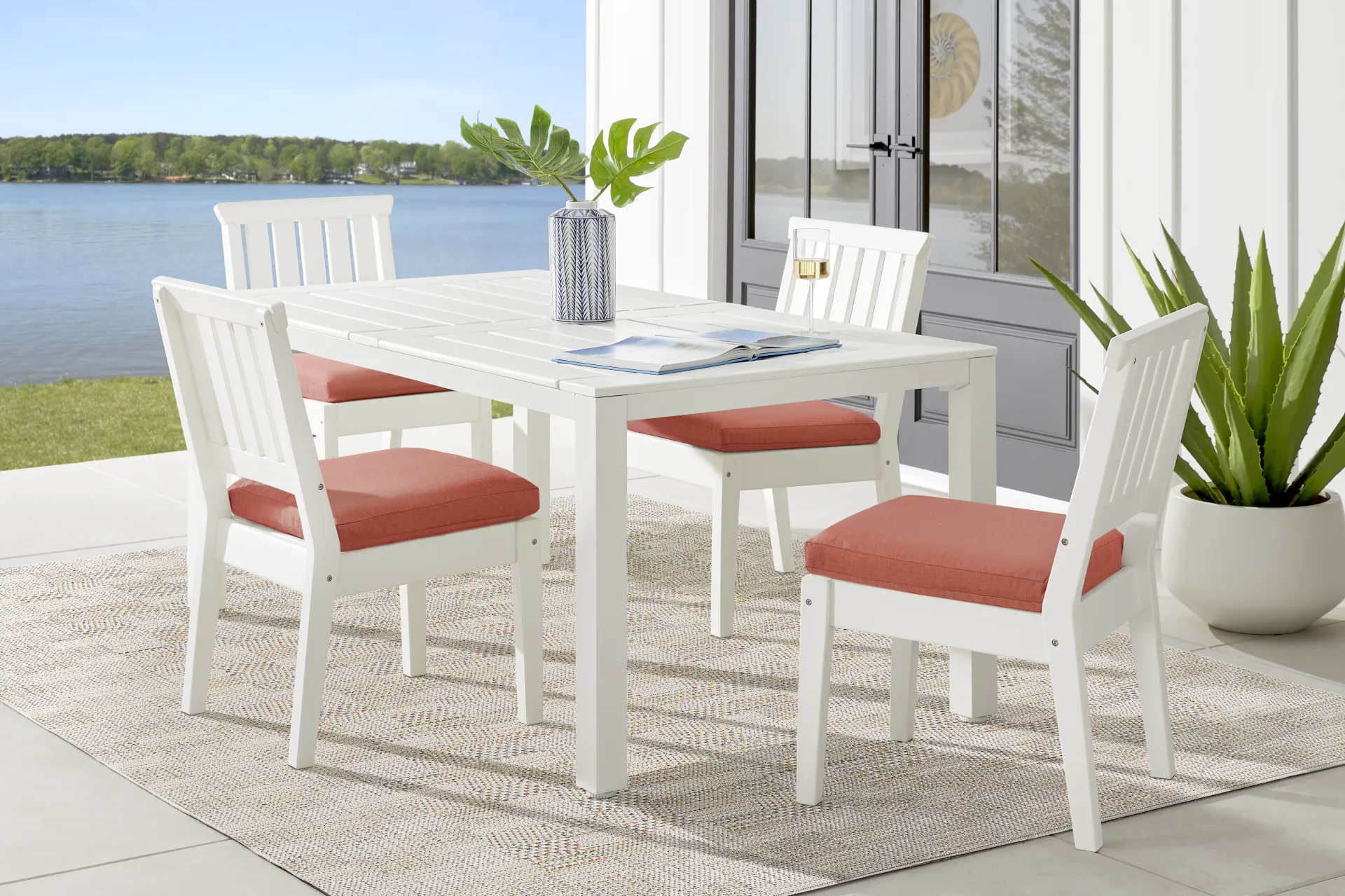 Eastlake White 5 Pc 71 in. Rectangle Outdoor Dining Set with Persimmon Cushions - Image 1