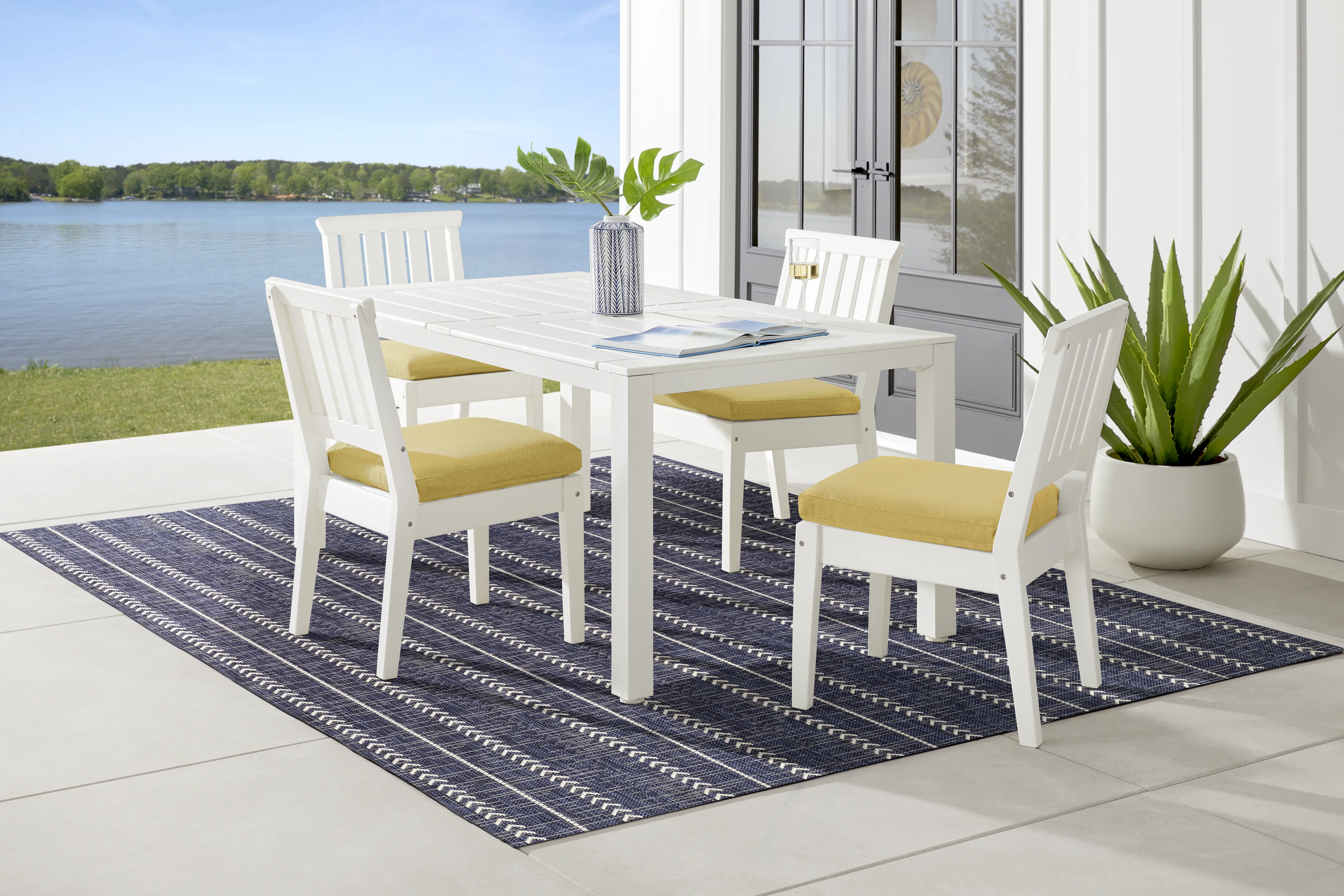 Eastlake White 5 Pc 71 in. Rectangle Outdoor Dining Set with Buttercup Cushions - Thumbnail - Image 1