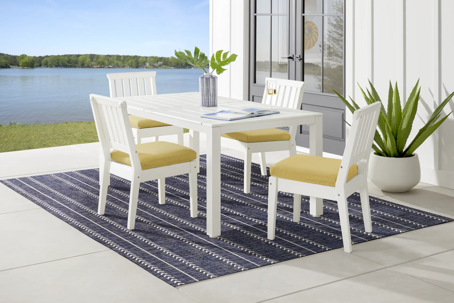 Eastlake White 5 Pc 71 in. Rectangle Outdoor Dining Set with Buttercup Cushions - Image 1