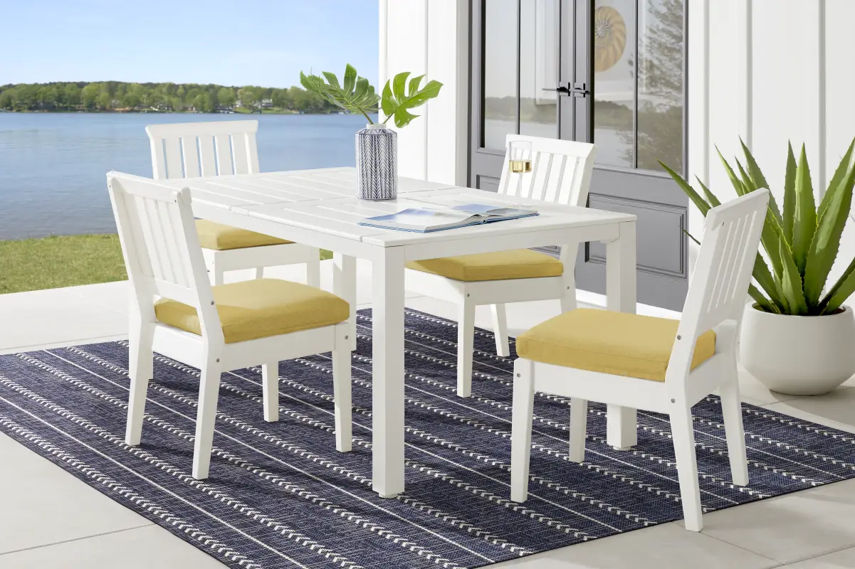 Eastlake White 5 Pc 71 in. Rectangle Outdoor Dining Set with Buttercup Cushions