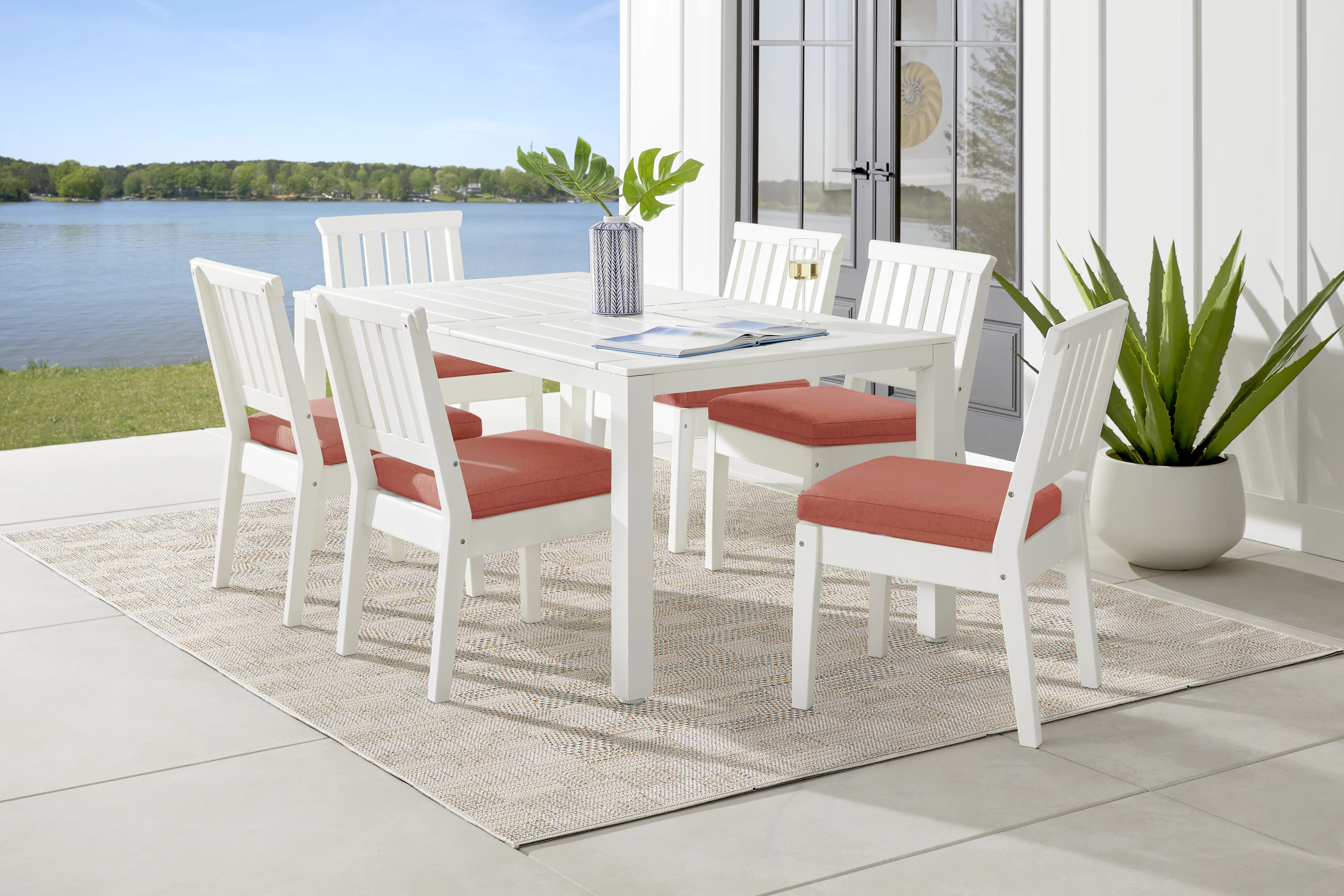 Eastlake White 7 Pc 71 in. Rectangle Outdoor Dining Set with Persimmon Cushions - Thumbnail - Image 1