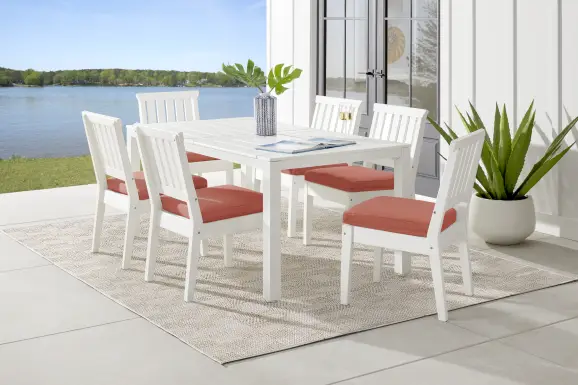 Eastlake White 7 Pc 71 in. Rectangle Outdoor Dining Set with Persimmon Cushions