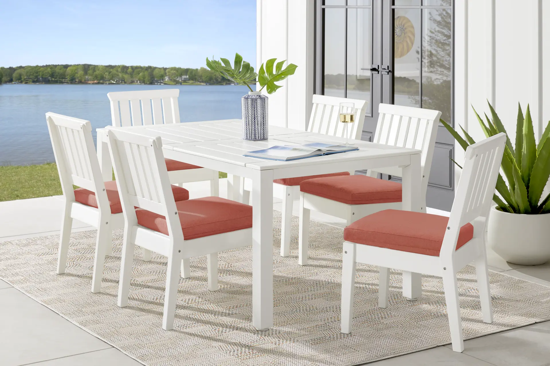 Eastlake White 7 Pc 71 in. Rectangle Outdoor Dining Set with Persimmon Cushions
