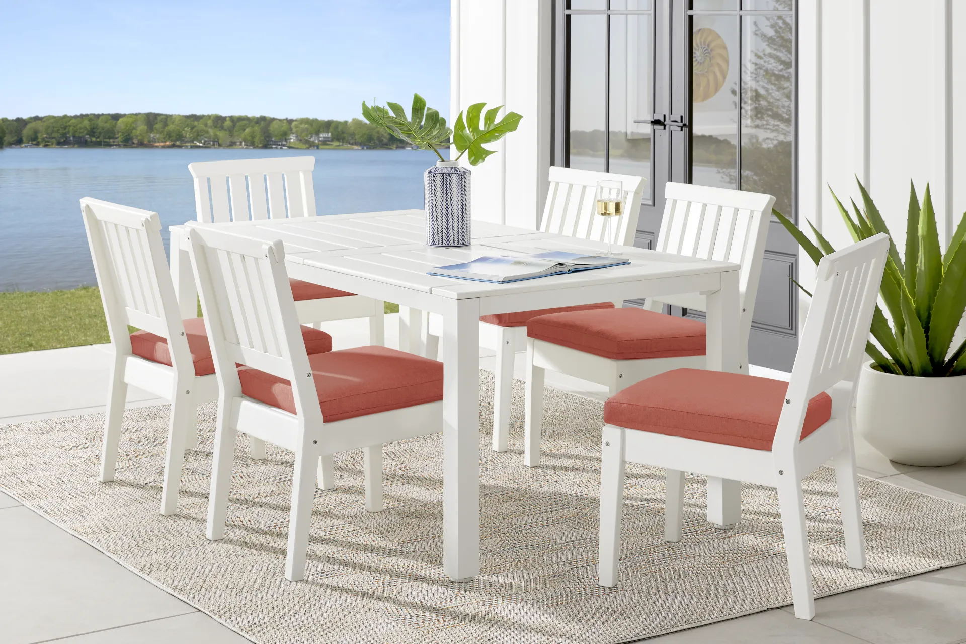 Eastlake White 7 Pc 71 in. Rectangle Outdoor Dining Set with Persimmon Cushions - Image 1
