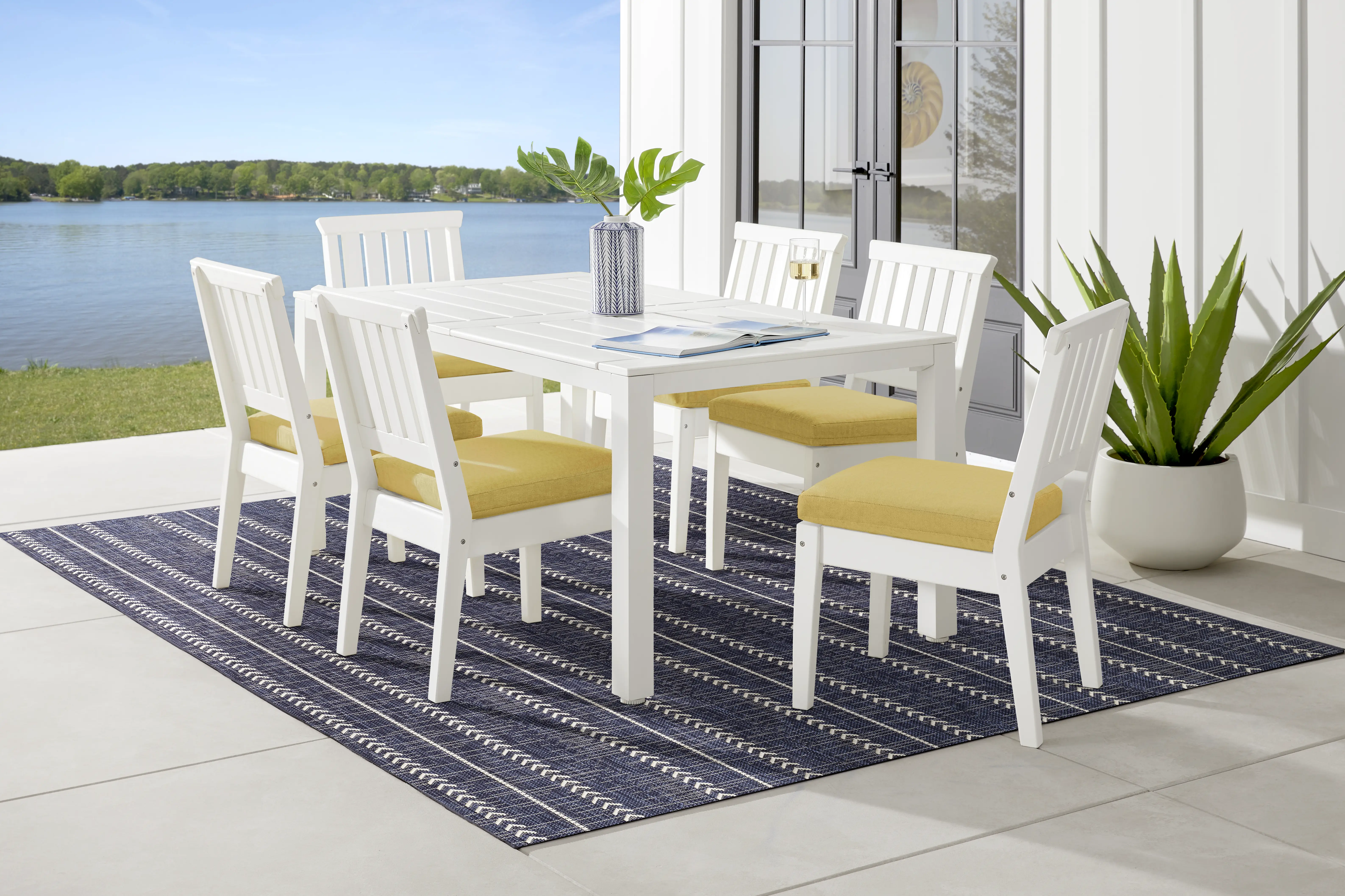 Eastlake White 7 Pc 71 in. Rectangle Outdoor Dining Set with Persimmon Cushions - Thumbnail - Image 1