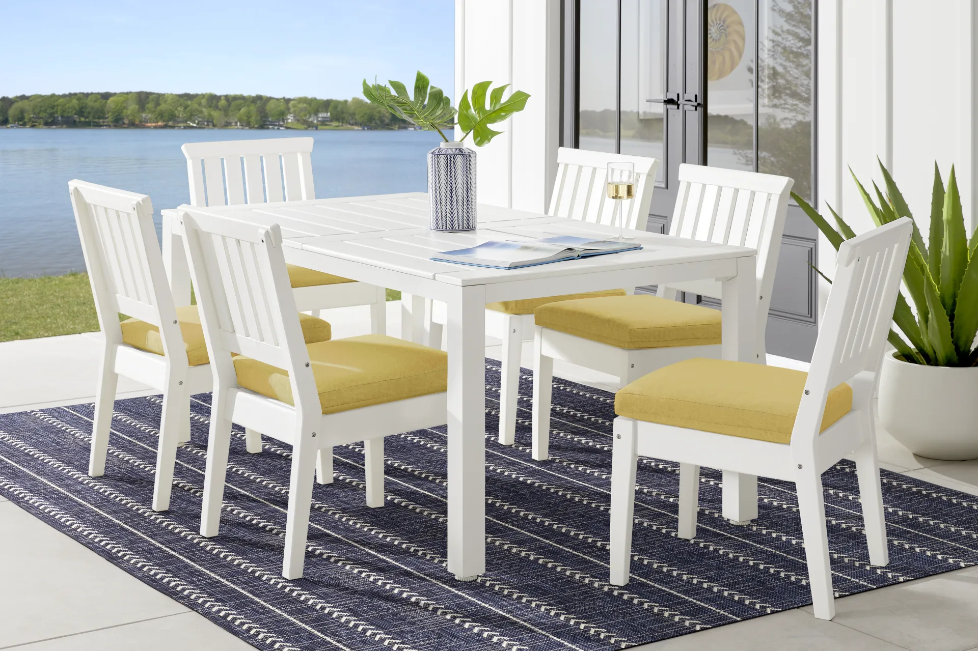 Eastlake White 7 Pc 71 in. Rectangle Outdoor Dining Set with Persimmon Cushions - Image 1