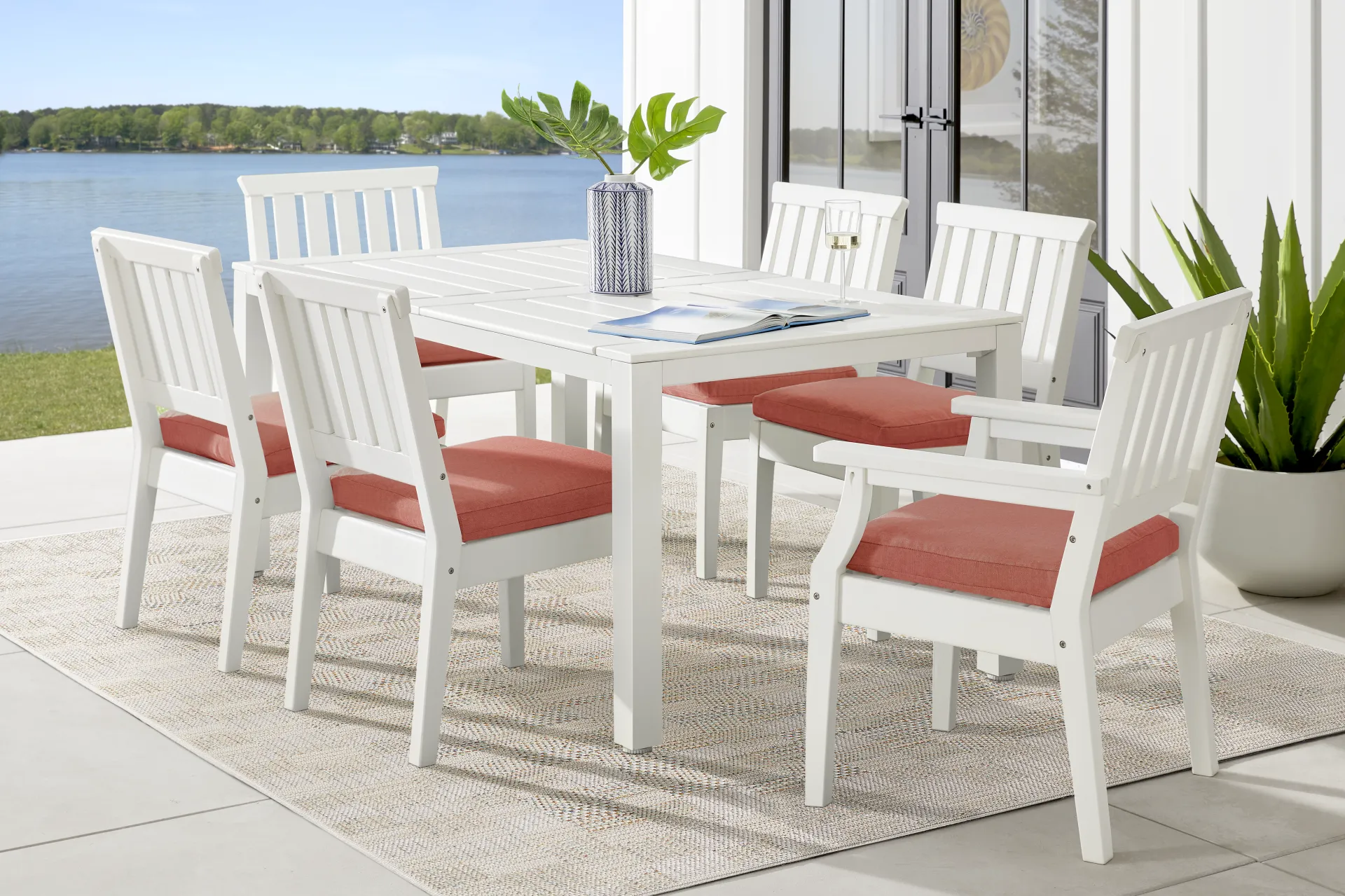 Eastlake White 7 Pc 71 in. Rectangle Outdoor Dining Set with Buttercup Cushions - Image 1