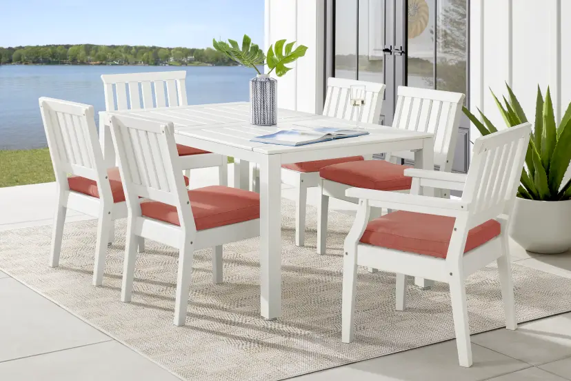 Eastlake White 7 Pc 71 in. Rectangle Outdoor Dining Set with Buttercup Cushions