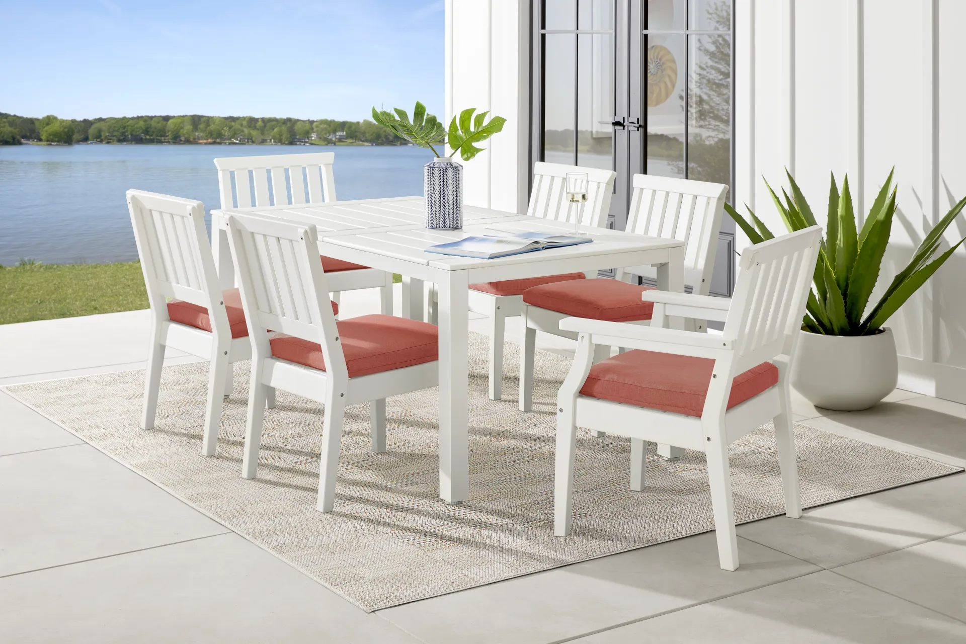 Eastlake White 7 Pc 71 in. Rectangle Outdoor Dining Set with Buttercup Cushions - Image 1